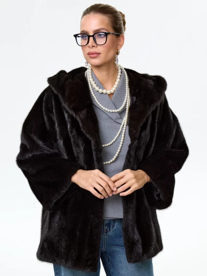 Норковая женская шуба автоледи с капюшоном Яна(к), черная, размер 48, артикул 34150-0