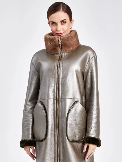 Женская двусторонняя дубленка из астрагана с мехом норки премиум класса 2018, хаки, размер 44, артикул 62771-5