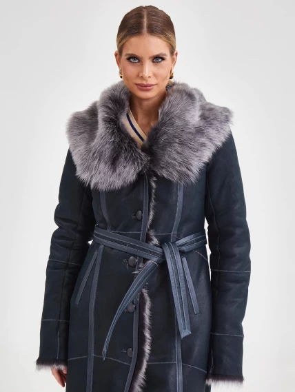 Женское пальто из натуральной овчины с капюшоном 132, синее, размер 44, артикул 64090-6