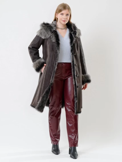 Длинная женская дубленка из тосканы с капюшоном 123нк, коричневая, размер 56, артикул 62082-1