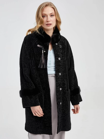 Шуба из астрагана с отделкой из меха норки для женщин 29мех, черная, размер 48, артикул 13590-1