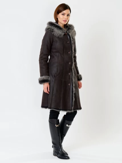 Длинная женская дубленка из тосканы с капюшоном 123нк, коричневая, размер 56, артикул 61901-3