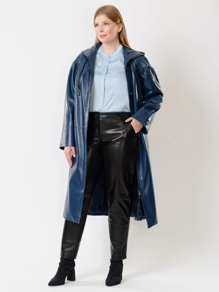 Кожаный длинный женский плащ с капюшоном 3009, синий, размер 48, артикул 91381-1