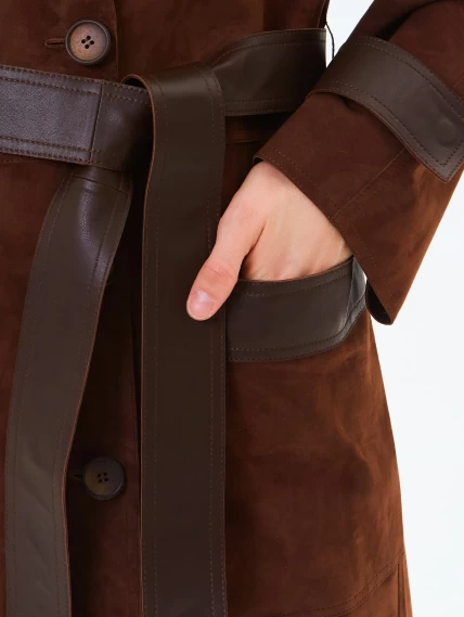 Длинный женский замшевый плащ премиум класса 3083з, коньячный, размер 48, артикул 24550-3