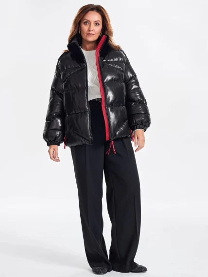 Женский стеганый кожаный пуховик с норковым воротником премиум класса 3072, черный, размер 44, артикул 25530-2