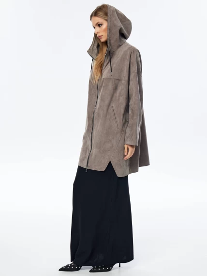 Замшевый плащ оверсайз с капюшоном для женщин премиум класса 3059з, серый, размер 52, артикул 23570-4
