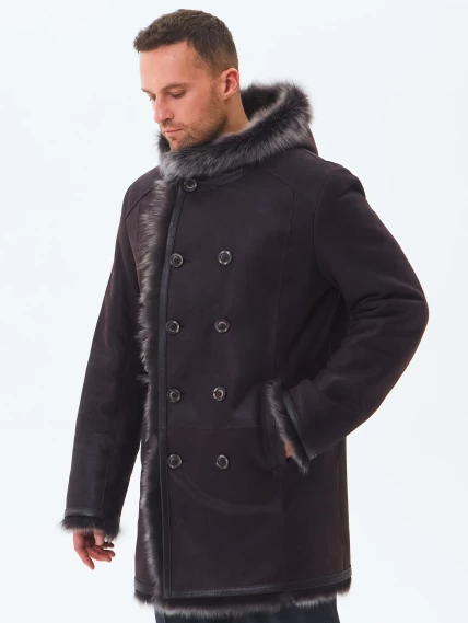 Двубортная мужская дубленка из тосканы с капюшоном премиум класса 415, коричневая, размер 52, артикул 71600-5