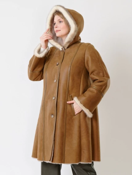 Женская дубленка с капюшоном и отделкой из меха норки 225у, бежевая, размер 50, артикул 14840-5