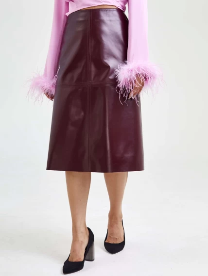 Кожаная юбка миди 09, бордовая, размер 44, артикул 85570-3