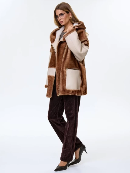 Женское полупальто с капюшоном из натуральной овчины астрагана премиум класса 2058, бежевое, размер 52, артикул 64360-6