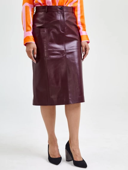 Кожаная юбка с разрезом 10, бордовая, размер 44, артикул 85590-4