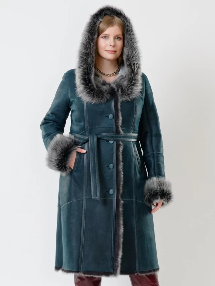 Длинная дубленка из тосканы с капюшоном для женщин 132, синяя, размер 44, артикул 62110-6