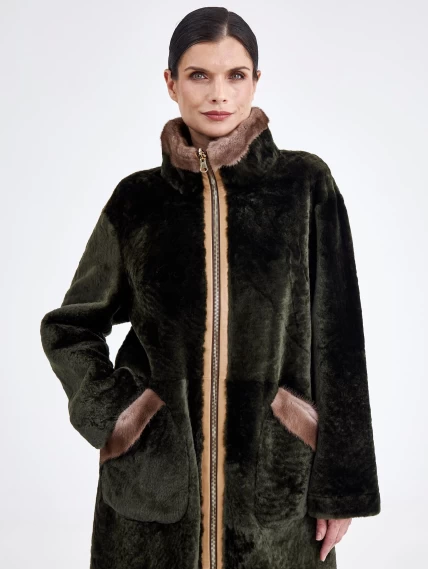 Женская двусторонняя дубленка из астрагана с мехом норки премиум класса 2018, хаки, размер 44, артикул 62770-0