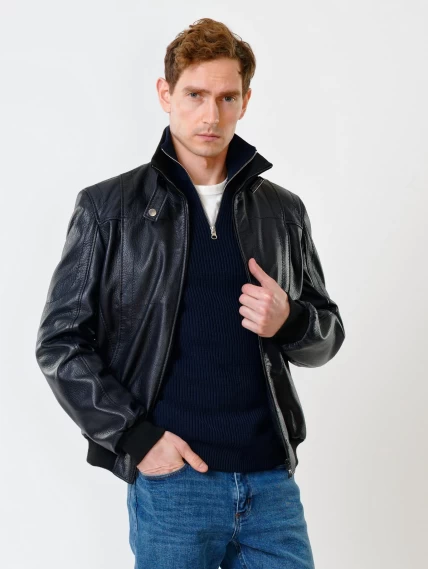 Кожаная куртка бомбер мужская премиум класса 521, синяя, размер 50, артикул 28560-5