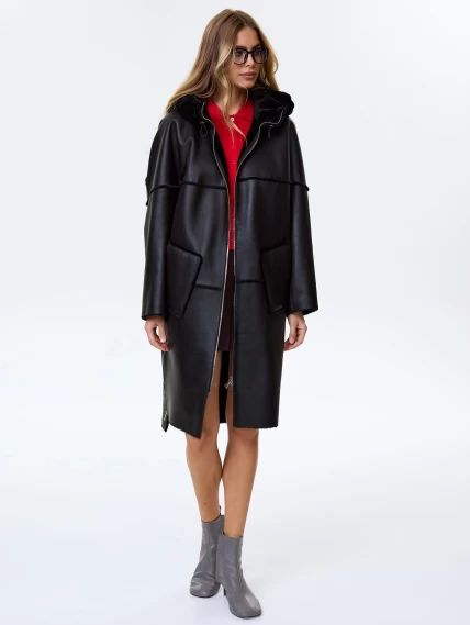 Женское полупальто с капюшоном из натуральной овчины премиум класса 2052, черное, размер 46, артикул 64290-4