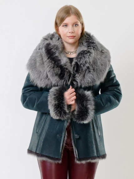 Короткая женская дубленка из тосканы с капюшоном 122, синяя, размер 40, артикул 62040-2