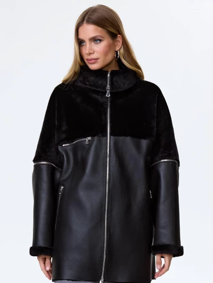 Молодежная дубленка оверсайз для женщин премиум класса 2051, черная, размер 48, артикул 64160-2