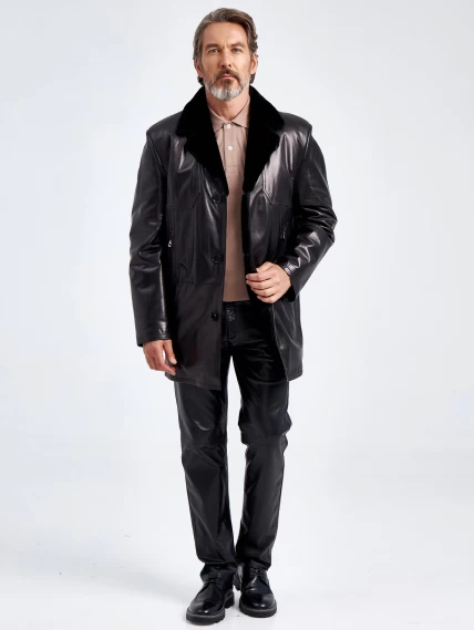 Зимнее мужское кожаное полупальто на подкладке из овчины 5704, черное, размер 48, артикул 40650-1