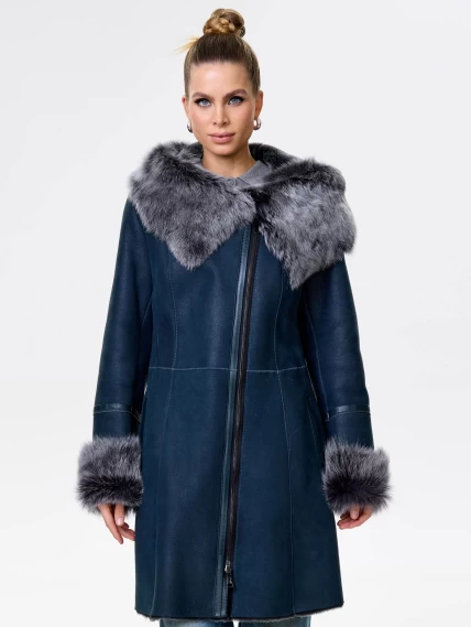 Женская дубленка косуха с капюшоном из тосканы 283, синяя, размер 52, артикул 61562-0