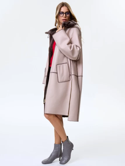 Женское полупальто с капюшоном из натуральной овчины премиум класса 2052, бежевое, размер 46, артикул 64280-6