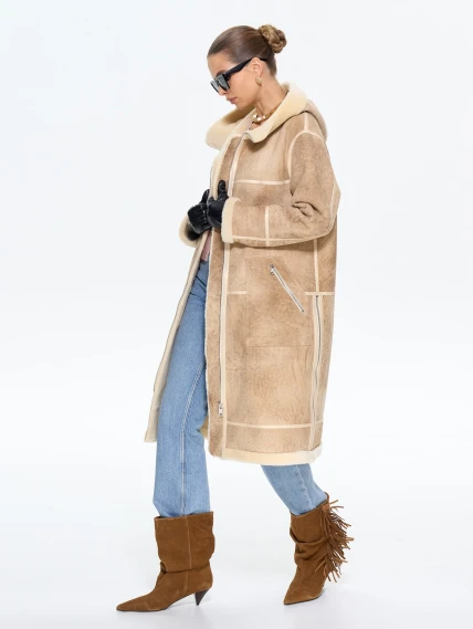 Бежевая женская дубленка с капюшоном 2061, размер 44, артикул 65210-6
