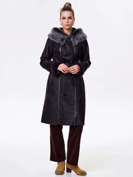 Женская дубленка с капюшоном из тосканы на молнии 265, коричневая, размер 42, артикул 61540-1