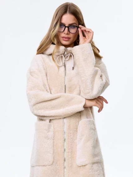 Длинная дубленка из астрагана с капюшоном для женщин премиум класса 2059, бежевая, размер 44, артикул 64120-0