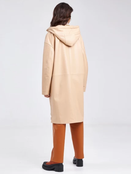 Кожаный женский плащ с капюшоном на молнии премиум класса 3034, бежевый, размер 48, артикул 91940-6