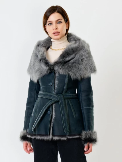 Короткая женская дубленка из тосканы с капюшоном 122, синяя, размер 40, артикул 61852-0