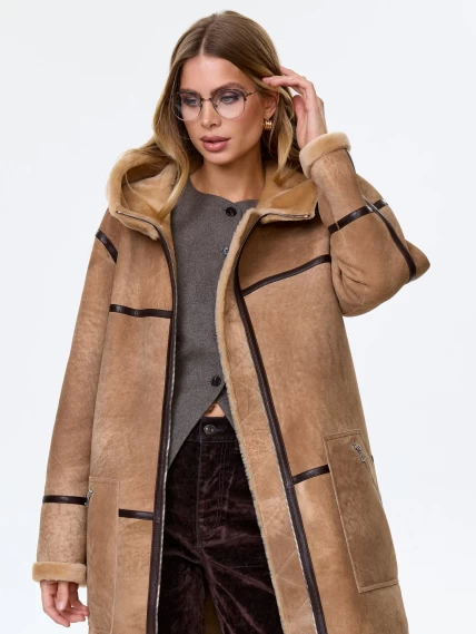 Длинная дубленка с объемным капюшоном для женщин премиум класса 2061, светло-коричневая, размер 44, артикул 64220-4