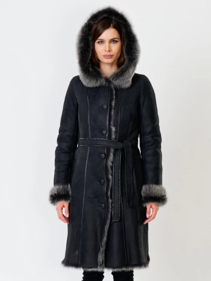 Длинная женская дубленка из тосканы с капюшоном 123нк, черная, размер 52, артикул 61871-6