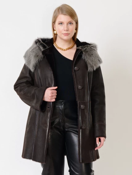 Женская дубленка с капюшоном из тосканы 270, коричневая, размер 66, артикул 14720-0