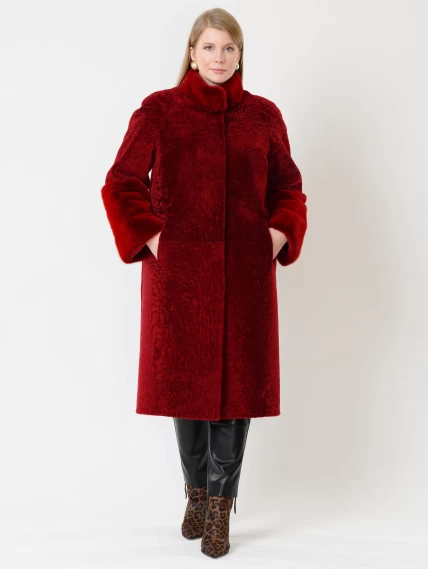 Дубленка из астрагана с отделкой мехом норки для женщин 52мех, бордовая, размер 50, артикул 17540-3