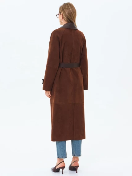 Длинный женский замшевый плащ премиум класса 3083з, коньячный, размер 48, артикул 24550-4