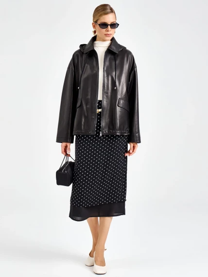 Черная женская кожаная куртка с капюшоном премиум класса 3102, размер 48, артикул 92210-1