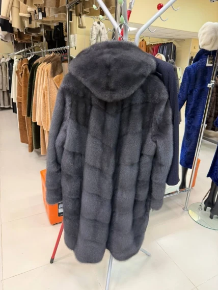 Длинная женская норковая шуба с капюшоном Москвичка-132, графитовая, размер 52, артикул 65390-1