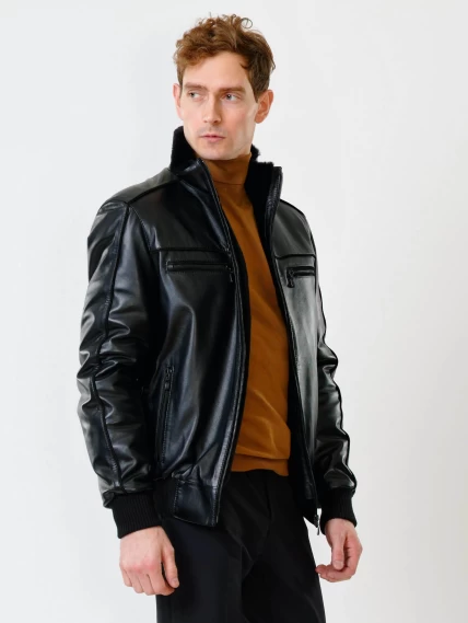 Мужская зимняя кожаная куртка на подстежке из овчины 515, черная, размер 50, артикул 40840-2