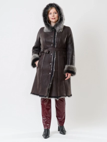 Длинная женская дубленка из тосканы с капюшоном 123нк, коричневая, размер 56, артикул 62082-2