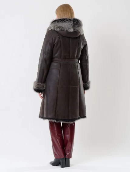 Длинная женская дубленка из тосканы с капюшоном 123нк, коричневая, размер 56, артикул 62082-6