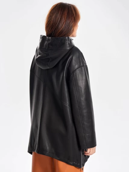 Кожаный женский плащ оверсайз на молнии с капюшоном премиум класса 3054, черный, размер 48, артикул 23490-2