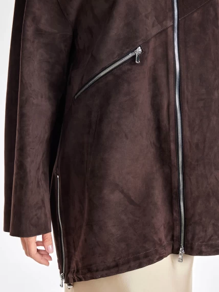 Замшевый женский плащ оверсайз на молнии с капюшоном премиум класса 3053з, коричневый, размер 48, артикул 23470-2