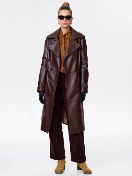 Кожаный двубортный женский плащ с поясом 3003, ореховый, размер 48, артикул 15650-5