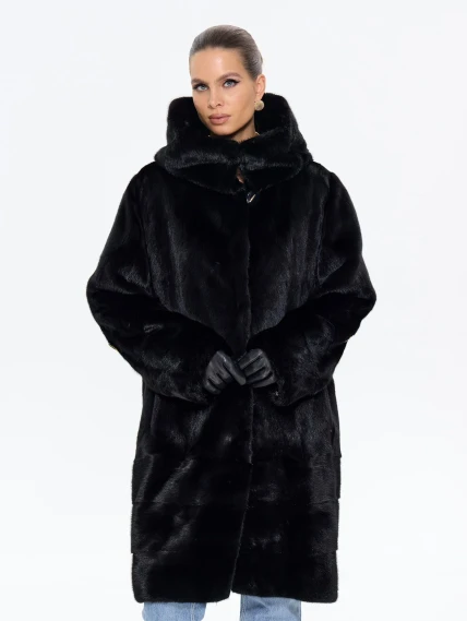 Длинная норковая женская шуба с капюшоном М-102- 664, черная, размер 56, артикул 65360-0