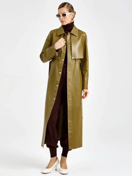 Зеленый женский длинный кожаный плащ премиум класса 3103, размер 44, артикул 92130-1