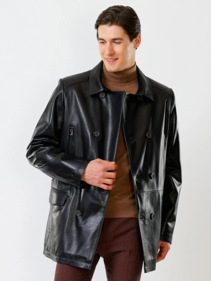 Двубортный мужской кожаный бушлат премиум класса 538, черный, размер 58, артикул 28671-5