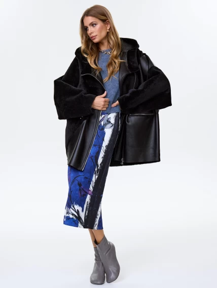 Женское полупальто оверсайз из натуральной овчины с капюшоном премиум класса 2055, черное, размер 50, артикул 64270-1