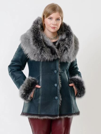 Короткая женская дубленка из тосканы с капюшоном 122, синяя, размер 40, артикул 62040-6
