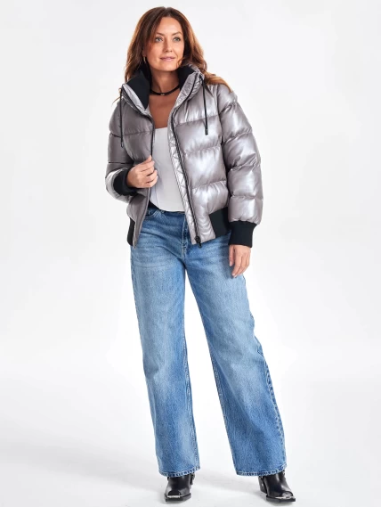 Утепленная стеганая кожаная куртка бомбер премиум класса для женщин 3074, серая, размер 46, артикул 23900-5