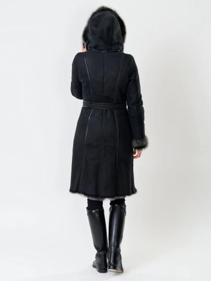 Длинная женская дубленка из тосканы с капюшоном 123нк, черная, размер 52, артикул 61871-4