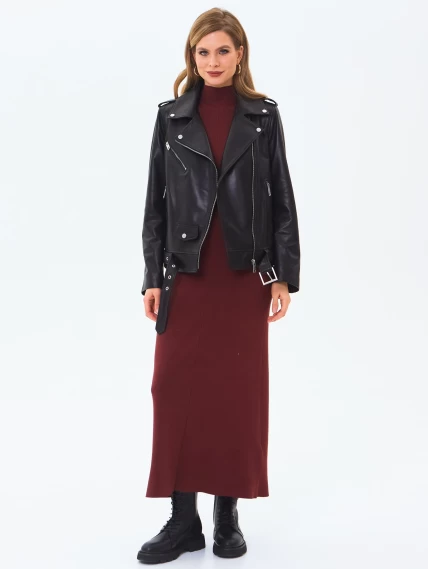 Кожаная женская куртка косуха с поясом премиум класса 3078, черная, размер 44, артикул 24510-1